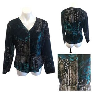 Mirasol Vintage Velvet Burnout Button Up Boho Artsy Abstract Teal Black Blouse M
